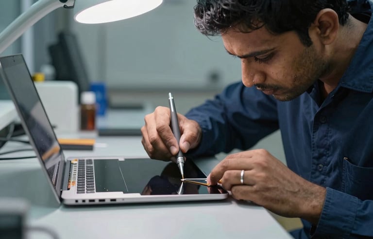 A close-up photograph of a South Asian technician in a clean, modern workshop in Thane, carefully replacing a thin laptop screen using precision tools under bright, focused lighting. The atmosphere is professional and high-tech, featuring a palette of dark blue and light grey.