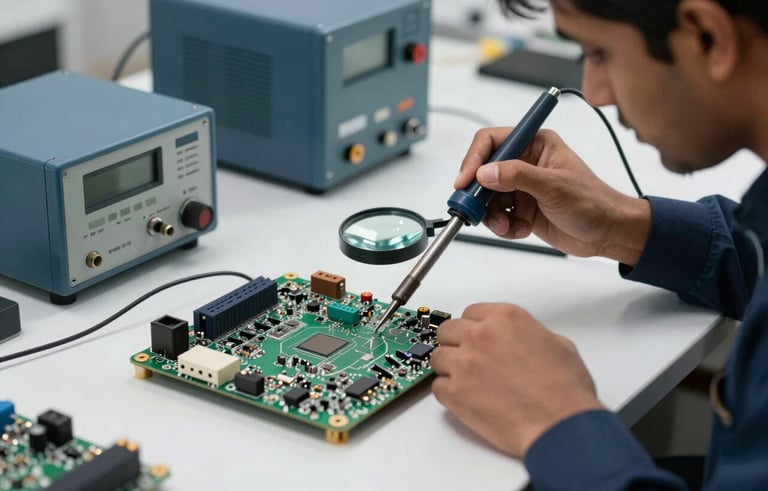 A professional wide-angle shot of a South Asian technician's hands using a soldering iron and a magnifying glass on a complex laptop motherboard. The workspace is organized, featuring muted blue equipment and soft white ambient lighting, conveying technical expertise.