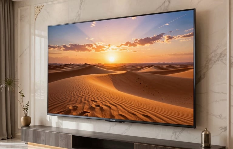 A beautifully restored large Smart TV wall-mounted in a luxurious, modern Al Nahda, Dubai living room. The TV displays a vibrant, high-definition image of a desert sunset, showcasing perfect repair quality. The room is styled with elegant Middle Eastern / Gulf decor.