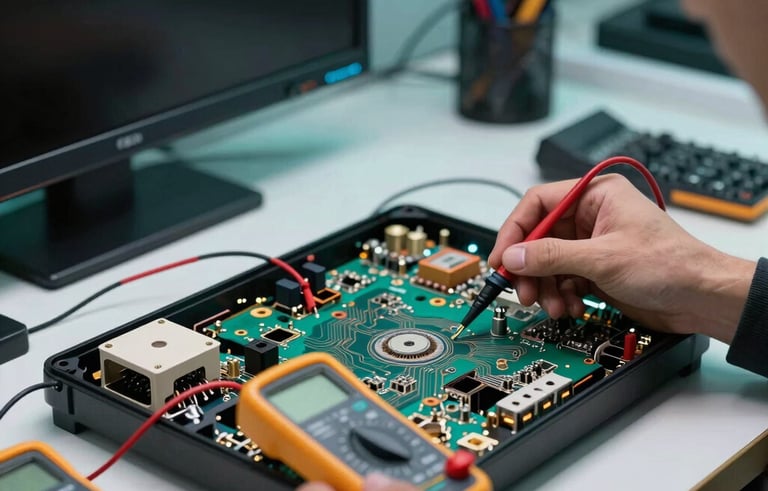A focused shot of internal TV components and circuitry being tested with a multimeter in a modern repair facility. The setting is a professional workshop in the Middle Eastern / Gulf region. Dark navy and aqua lighting accents create a high-tech, trustworthy atmosphere.