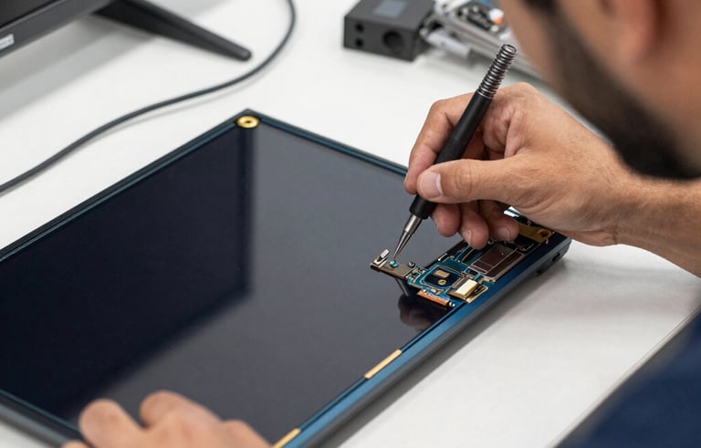 A close-up photograph of a professional technician's hands using specialized tools to repair the thin screen of a modern LED TV. The workshop is clean and bright, located in Al Nahda, Dubai. The color palette features steel blue and off-white tones, reflecting a professional Middle Eastern / Gulf service environment.