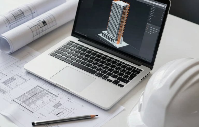 A crisp, high-angle photograph of a professional engineer's desk in Guadalajara, Mexico. On the desk, a high-performance laptop displays a complex 3D structural model of a skyscraper with orange structural nodes. Beside it are rolled architectural blueprints, a silver technical pencil, and a white safety helmet. The lighting is clean, natural daylight, reflecting a professional and efficient workspace. Palette includes white, grey, and black.