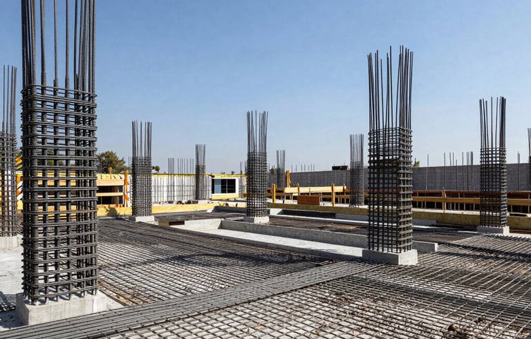 A professional wide-angle architectural photograph of a modern residential construction site in Guadalajara, Mexico. The image captures an intricate grid of grey steel reinforcement bars before the concrete pour, showcasing structural symmetry and order. The background shows a clear blue sky. Bright, high-contrast lighting emphasizing safety and technical efficiency.
