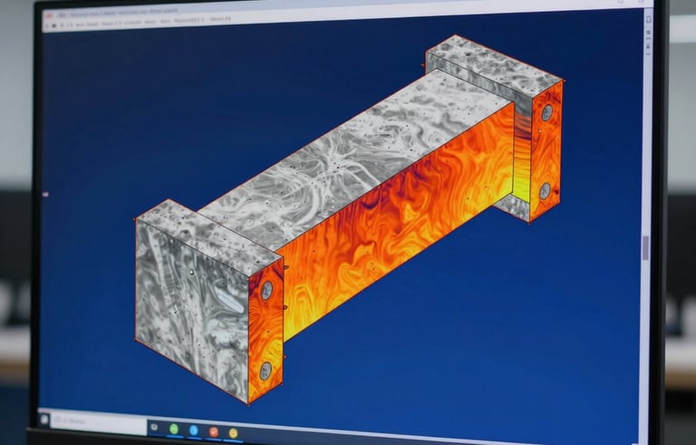 A close-up technical photograph of a computer monitor showing a Finite Element Analysis simulation. The structural model displays color gradients from deep blue to bright orange indicating stress distribution on a complex concrete beam. The background is a minimalist, dimly lit engineering office in Guadalajara. Technical precision and elegance.
