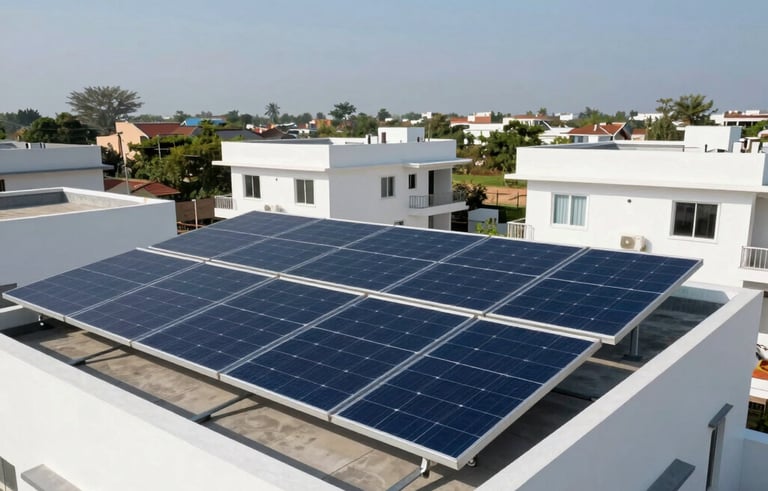 A high-angle photography shot of sleek navy blue solar panels installed on a modern residential rooftop in a sunny South Asian / Indian neighborhood in Lucknow. The composition is clean and focused, with bright white architecture and a clear blue sky, emphasizing reliable energy.