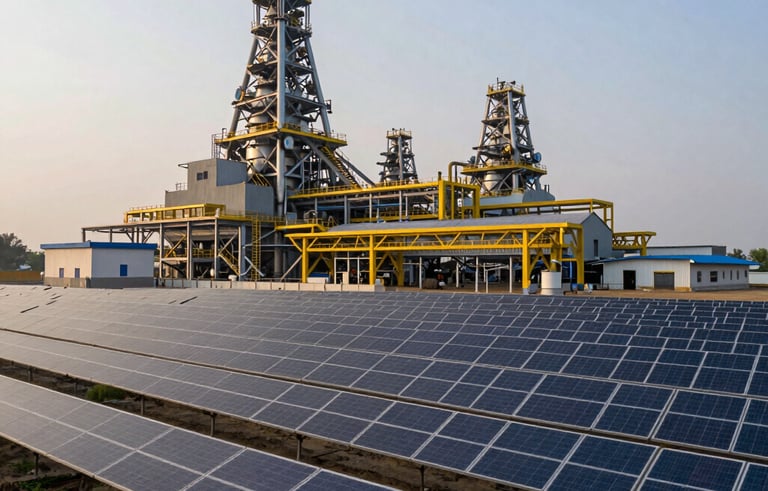 A dramatic photography shot of a large industrial factory complex in Uttar Pradesh, India, with a vast ground-mounted solar farm in the foreground. The style is professional and innovative, with a soft morning light highlighting the solar yellow framework.