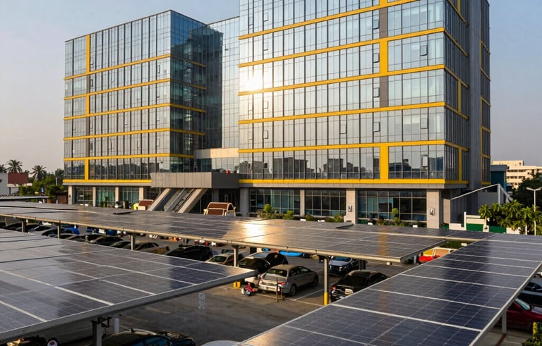 A wide professional shot of a modern glass-clad commercial office building in Lucknow, India, featuring an extensive solar canopy over the parking area. The lighting is bright afternoon sun, reflecting off solar yellow accents on the building's facade.