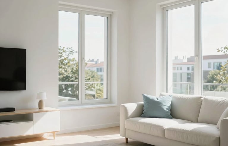 Clean and bright photography of a modern South Asian residential apartment interior, minimalist white furniture, large windows with soft natural sunlight, and a light blue accent pillow.