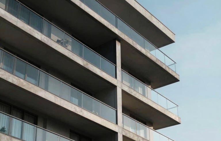 Daytime exterior shot of a contemporary South Asian residential building with glass balconies, sleek architecture, and a clear blue sky in the background.