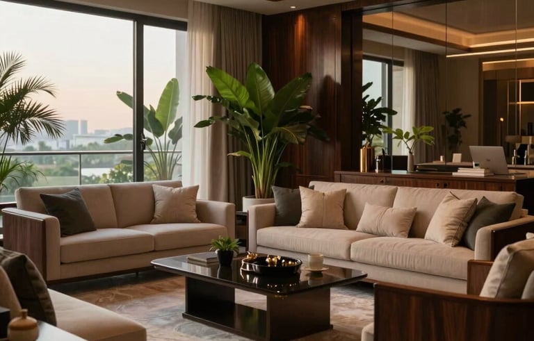 Luxury South Asian penthouse living room, elegant dark wood accents, large potted green plants, and warm evening lighting creating a trustworthy and sophisticated ambiance.