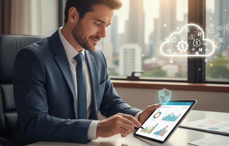 Empresário de PME analisando gráficos de gestão financeira em um tablet, simbolizando os benefícios 