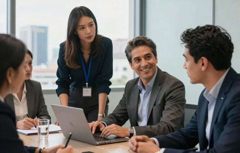 Professional South American colleagues collaborating in a bright, modern glass-walled conference room, with a blurred cityscape in the background, expressing motivation and teamwork.