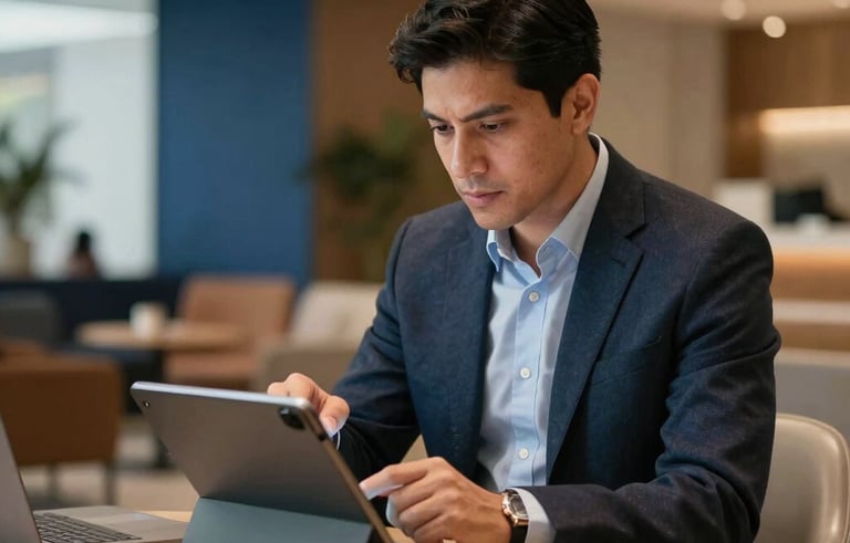A sophisticated South American entrepreneur reviewing a digital marketing strategy on a tablet in a high-end, contemporary corporate lounge with warm lighting and blue accent decor.