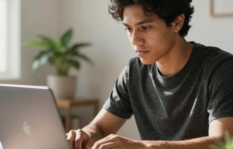 A close-up photograph of a South American young adult in a modern, sunlit home office, focused on a sleek laptop screen, with soft shadows and a professional, clean environment including a small green plant.