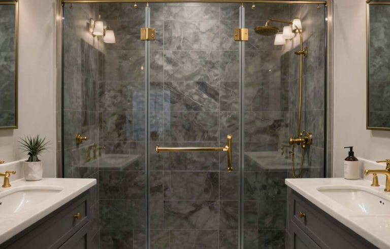 A sophisticated bathroom renovation in a North American residence, showcasing a glass-enclosed walk-in shower with charcoal grey tiling, a light silver vanity, and warm brass fixtures under elegant recessed lighting.