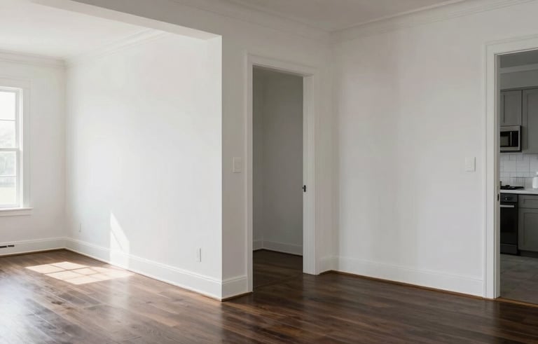 An expansive North American open-concept living area following a full interior renovation, with dark hardwood floors, freshly painted cloud white walls, and high-quality custom finishes that project professionalism.
