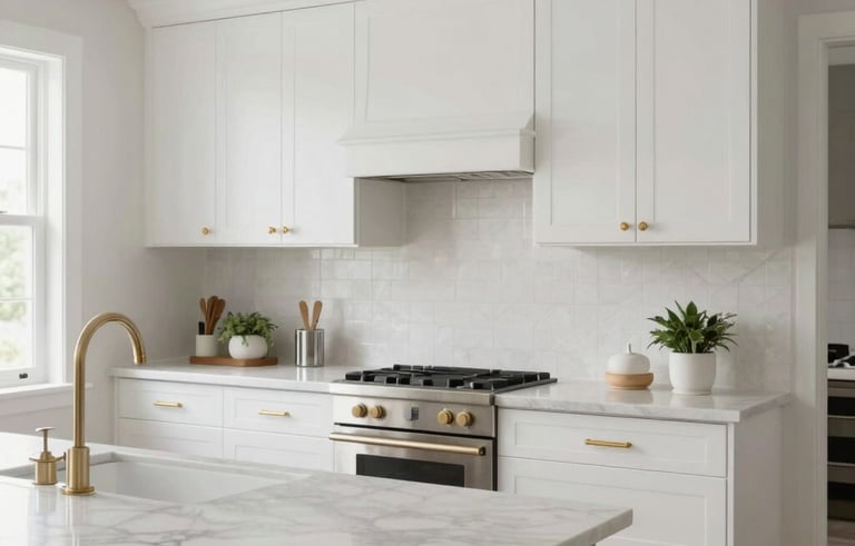 A bright, modern residential kitchen in a North American home featuring cloud white cabinetry, gold-toned hardware, and a marble island countertop. The lighting is soft and natural, emphasizing a clean and premium minimalist design.