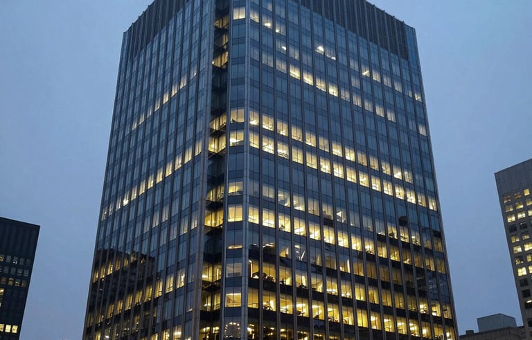 Photography of a high-end corporate building in a North American / US city at dusk, with glowing windows reflecting a misty blue sky, symbolizing global connectivity.