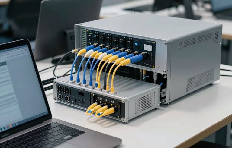 Photography of an organized, modern workspace in a North American / US office, showing a laptop and fiber optic equipment with a soft blue and steel grey aesthetic.