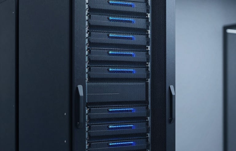 Professional photography of a sleek, minimalist server rack in a modern North American / US data center. The lighting is soft and modern, using deep blue and cool grey tones to evoke a sense of advanced cloud technology and security.