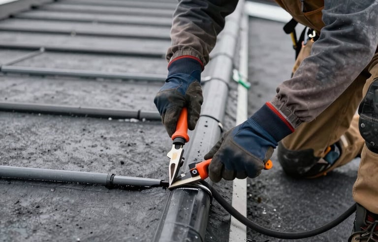 Professional photography of a roofing technician in the United States using specialized tools to repair a seam on a flat EPDM roof. The focus is on the precision of the repair work, with industrial safety gear and modern roofing equipment visible.