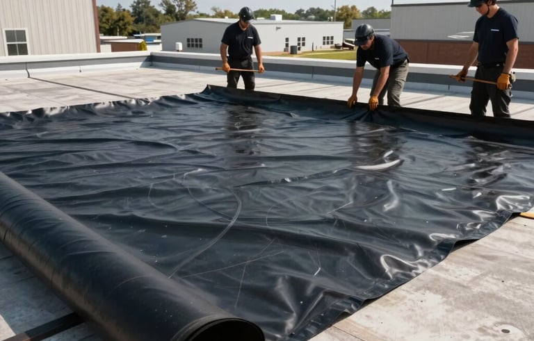 A professional photography shot of a specialized crew installing a high-quality black EPDM rubber membrane on a flat commercial roof in New Jersey. The scene shows the clean, technical process of laying the material under bright daylight with North American industrial architecture in the background.