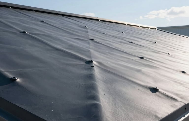 A detailed photography shot of a finished, sleek dark gray rubber roof on a modern building in Toms River, New Jersey. The surface is perfectly waterproofed, reflecting a subtle sheen under a clear blue sky, showing high-end technical durability.