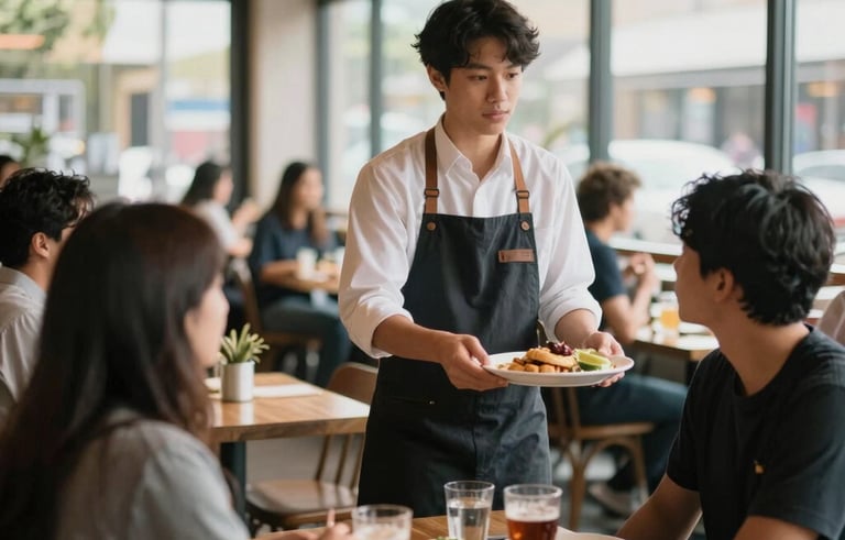 A high-energy photograph of a modern North American bistro during peak hours, with an efficient staff member serving customers. Bright, natural lighting, sharp focus, and a direct, professional atmosphere reflecting fast-paced hospitality.