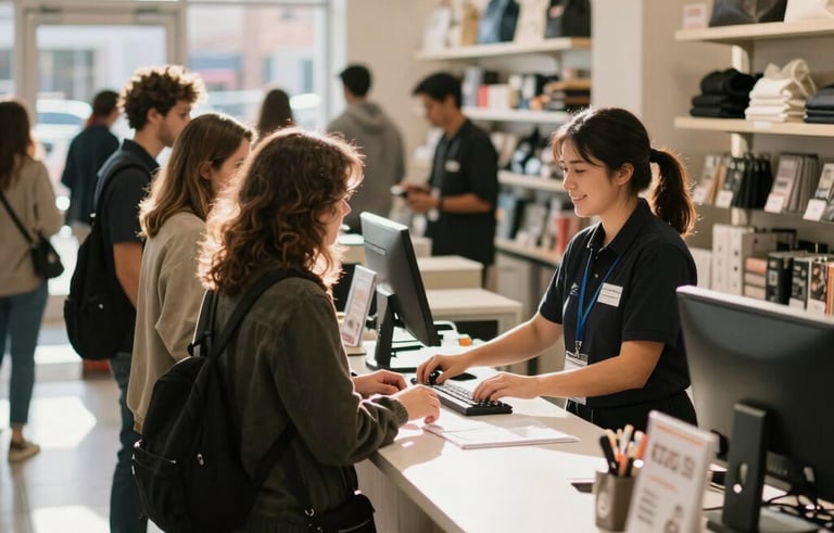 A bustling urban North American retail store on a Saturday afternoon. Natural sunlight pouring in, customers at the counter being helped by a friendly, efficient employee. Professional photography with an entrepreneurial, clean vibe.