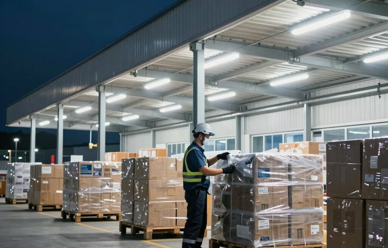 A crisp, nighttime shot of a modern European logistics center. A worker in clean professional gear is organizing cargo under bright warehouse lights. Sharp lines, industrial but modern, emphasizing 24/7 reliability.