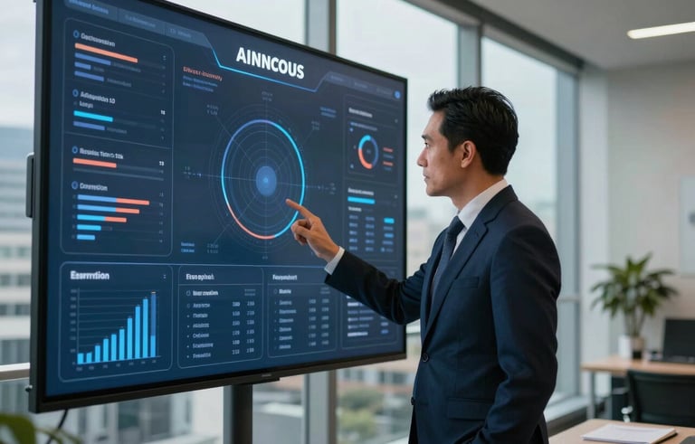 A sophisticated Mexican executive in professional attire looking at an AI-driven predictive dashboard on a large glass screen in a modern high-rise office, warm light blue lighting.