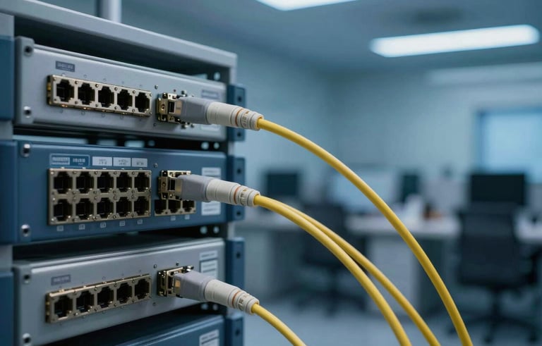 Close-up of high-speed fiber optic cables and carrier-grade networking equipment in a sleek industrial office in a South American business hub, medium blue and dark blue ambient light.