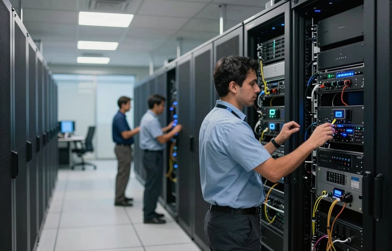 A wide shot of a modern data center interior in Mexico City with professional technicians working on enterprise-grade IoT hardware, soft light blue and off-white lighting, cinematic depth of field.