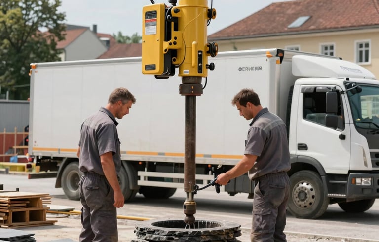 A dynamic construction site in a Slovak city. Workers in professional slate gray uniforms are operating a modern drilling rig for wells. In the background, a transport truck for courier services is visible. Bright daylight, professional composition, and a focus on technical expertise.