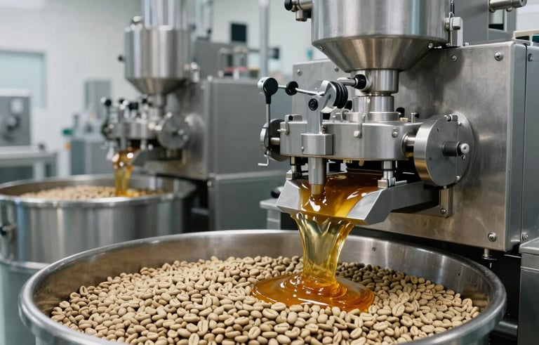 A high-end industrial production facility in Central Europe. The scene shows the sophisticated processing of coffee beans and honey, with clean stainless steel equipment and soft natural lighting. The color palette features slate gray and cool white tones, emphasizing a professional and sterile environment.
