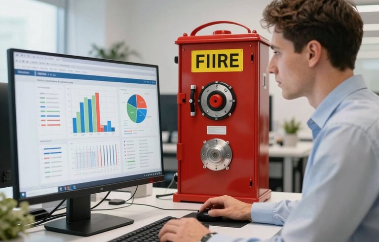 A modern, well-lit office interior in Bratislava. A professional is reviewing fire protection equipment and data charts on a computer screen. The environment is clean and organized, representing IT services, accounting, and marketing expertise.