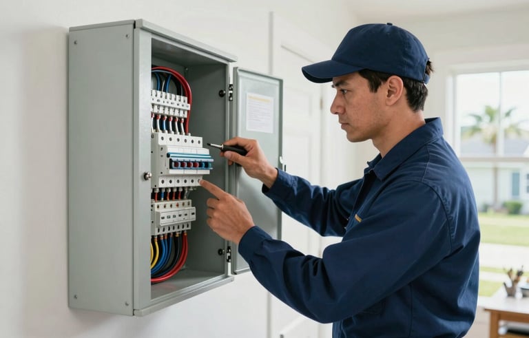 Photography of a professional electrician in a clean uniform inspecting a modern electrical circuit breaker panel in a North American home on the US Gulf Coast. Bright, natural lighting, clean composition, emphasizing reliability. The colors are navy blue and slate blue.