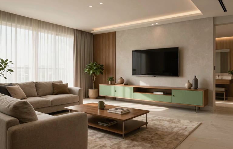 Interior de um apartamento moderno e sofisticado em Campinas, Brasil, com iluminação natural suave, móveis de design contemporâneo em tons de bege e verde sálvia, fotografia imobiliária profissional.