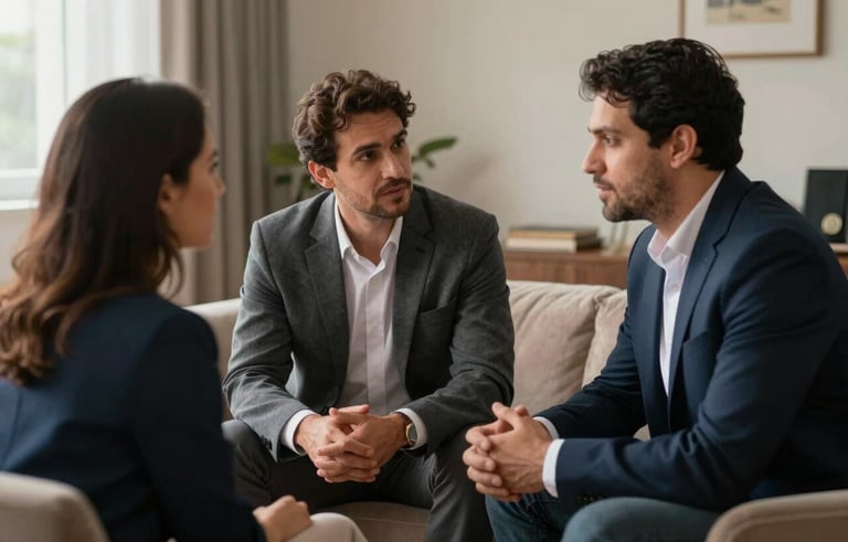 Um corretor de imóveis brasileiro profissional conversando amigavelmente com um casal em uma sala de estar elegante em Sumaré, iluminação aconchegante, estilo profissional e sofisticado.