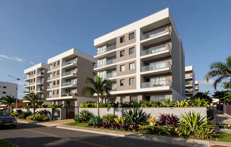 Fotografia arquitetônica de um novo empreendimento residencial em Paulínia, linhas modernas, céu azul claro, paisagismo com plantas brasileiras e cores verde escuras.