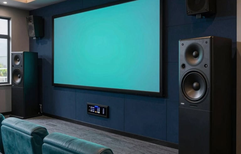A luxury modern home theater or boardroom in a North American / US residence, featuring high-fidelity sound speakers and integrated smart controls, sleek teal and dark navy accents.