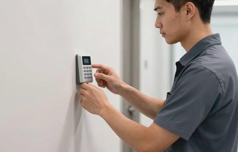 A professional technician in professional North American attire carefully installing a modern wall-mounted security keypad in a bright, contemporary office hallway, clean lines and professional lighting, blue-grey and off-white color palette.