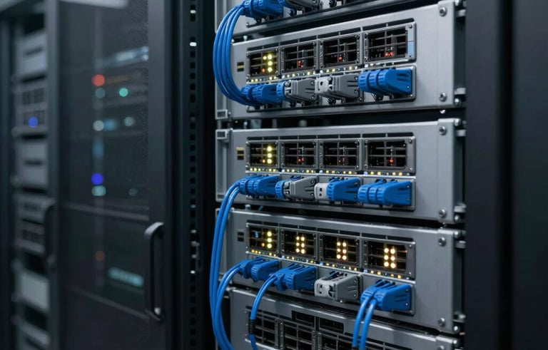 High-end network server rack with organized blue-grey cabling and glowing indicators in a sterile, modern North American data center, sharp focus, professional industrial photography.