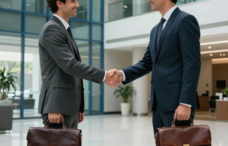 Photography of two business partners in a modern corporate lobby in South American Brazil, shaking hands. One is carrying a sleek leather briefcase. The architectural background features steel blue glass and polished white floors.