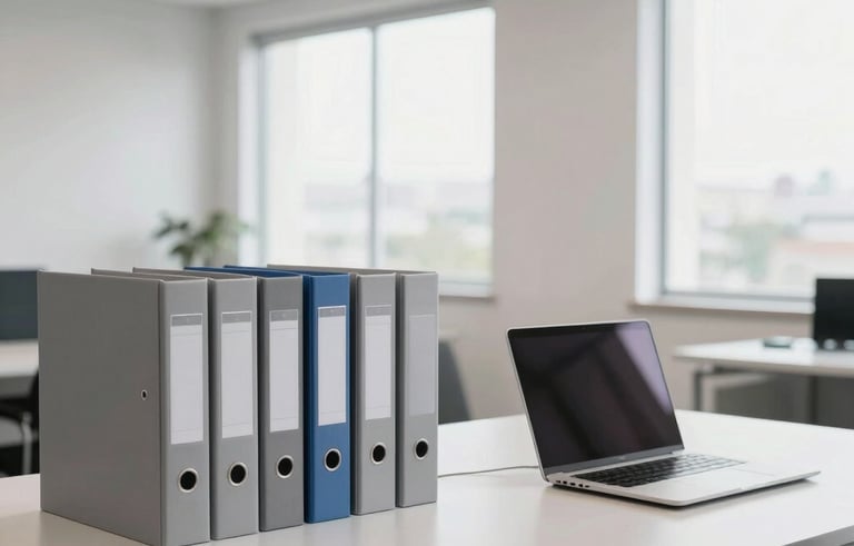 Interior photography of a bright, minimalist office in South American Brazil. An organized workspace features silver gray folders, a modern laptop, and steel blue accents. Soft natural light through large windows creates a professional and clean atmosphere.