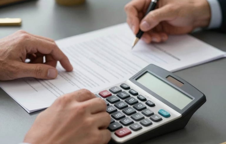 Close-up photography of a professional's hands using a high-end calculator and signing documents in a Brazilian office. Slate gray and gold desk accessories sit on the desk. The lighting is sharp, emphasizing precision and trust.