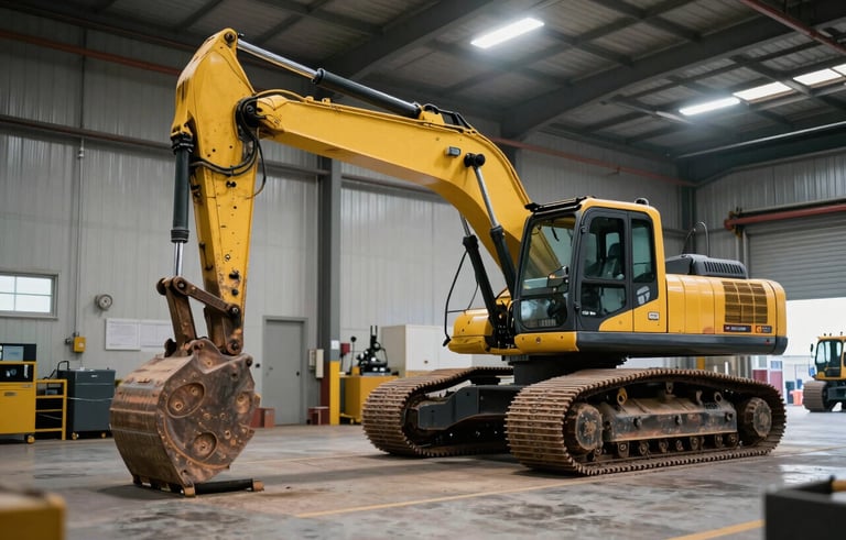 A well-lit maintenance facility in a Middle Eastern / Gulf industrial zone with a heavy-duty excavator on a low-bed trailer, showcasing reliability and professional logistics service.