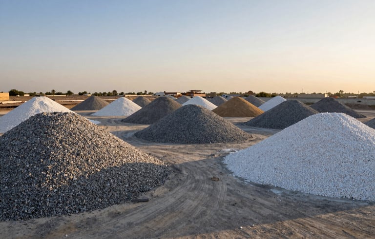 Large-scale aggregate supply yard in the Middle Eastern / Gulf Region, showing organized piles of grey sub-base and white landscaping stone, professional industrial composition, clear sky, gold-tinted sunlight.