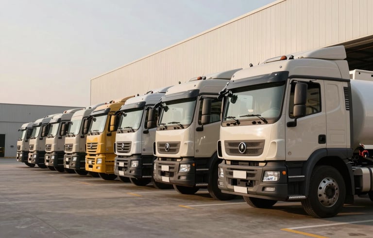 A row of clean, heavy-duty commercial transport trucks and water tankers lined up at a modern warehouse in a Middle Eastern / Gulf industrial zone, professional architectural photography, beige and black accents, bright afternoon sunlight.