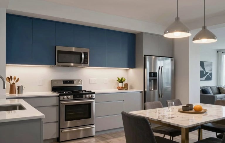 Photography of a sleek, modern kitchen and dining area in a North American / US luxury apartment. Features light gray cabinetry, steel blue accents, and high-end stainless steel appliances under warm pendant lighting.